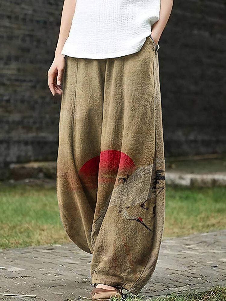 Lilliana | Red Sun and Crane Print Wide-Leg Pants