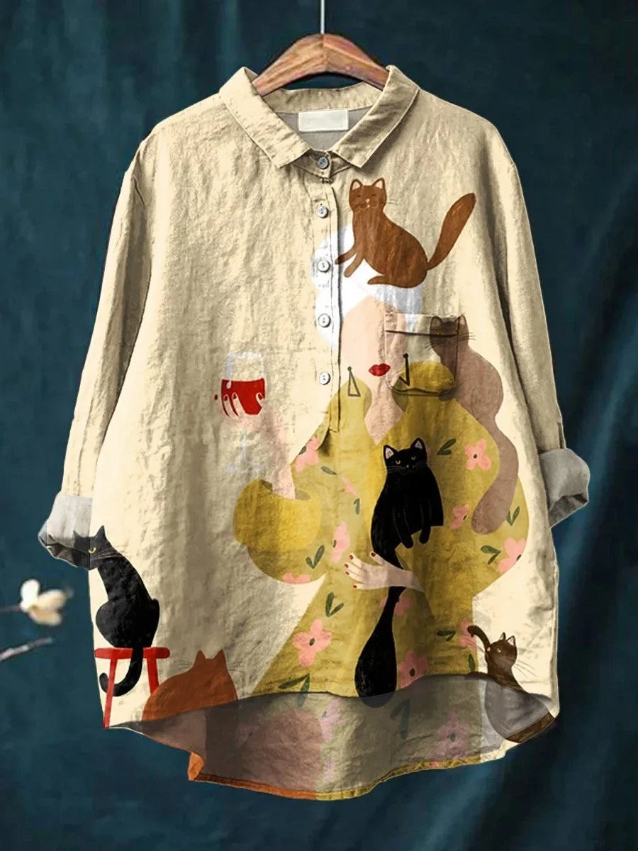 Lina | Cat & Floral Print Blouse