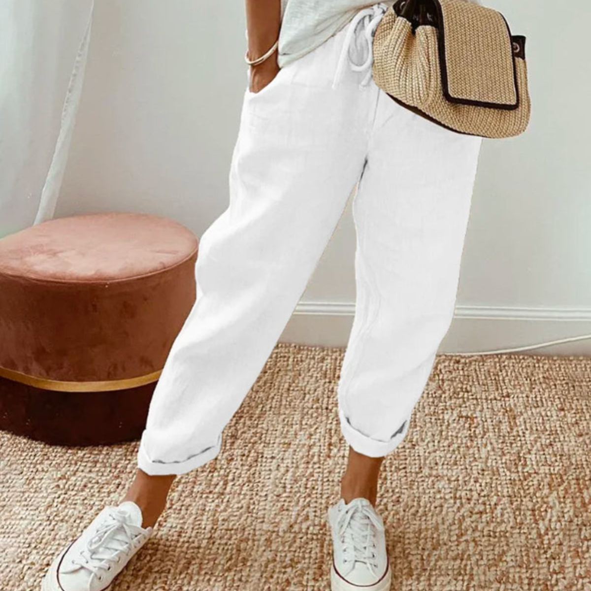 Freja | White Linen Jogger Pants