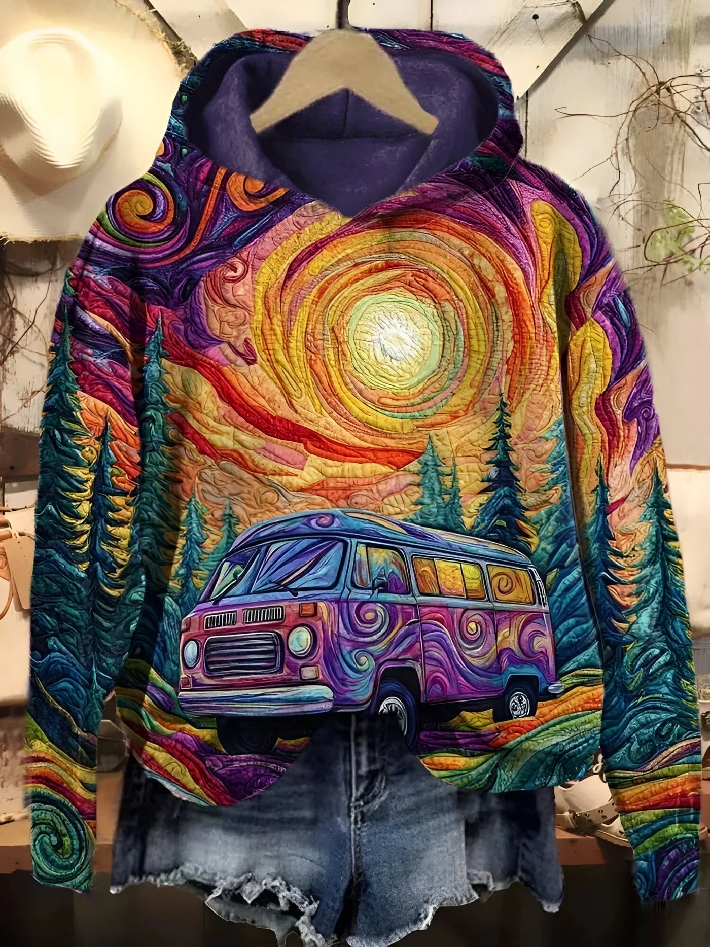 Aura | Retro Van and Sun Quilt Hoodie